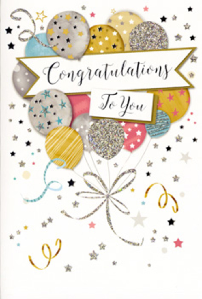 In this image, a beautifully illustrated congratulations card captures the essence of a joyful celebration in careful detail. The design is dominated by a central cluster of balloons, reminiscent of a balloon bouquet held at the door of a Dartford party venue. Each balloon is plump and rounded, drawn in complementary hues of gold, silver, champagne, airy sky blue, blush pink and pale grey. Across their surfaces, intricate patterns of stars, glimmering dots and slender stripes create a sense of soft shimmer, as if the card had been brushed with fine, metallic dust. The balloons appear to float effortlessly, their slim strings trailing down in curved lines of gold and silver that twist together like elegant ribbon tails. Around this central arrangement, the background remains largely light and open, scattered with small metallic stars, curling ribbon shapes and hints of confetti. These accents add a feeling of gentle motion, echoing the excitement that might ripple through friends and family after sharing good news in a home near East Hill or by the river. Cutting smoothly across the balloons is a wide banner, floating as lightly as the balloons themselves. The message of congratulations is written on this banner in ornate calligraphy, the letters flowing gracefully with subtle flourishes that lend the card a classic, almost timeless refinement. The imagined textures of raised glitter and glossy ink, contrasted with the matte strength of the card, give a sense of quality and care. It feels like the kind of card a florist might choose to accompany a bouquet for a graduation celebration, a well-earned promotion, or a special achievement anywhere across Dartford, where heartfelt pride needs to be expressed with elegance.