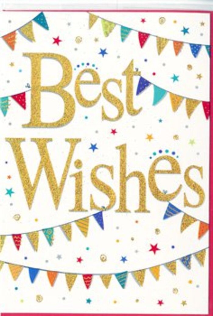 The card shown exudes a gentle yet unmistakable sense of celebration, as if it has captured the feeling of fireworks over Dartford's Riverside area and translated it into paper and ink. At the very centre, the words Best Wishes are written in elegant gold cursive, the strokes broad and sweeping, with a subtle embossed texture that suggests a glittery, metallic finish. The gold lettering gleams warmly against the crisp white background, immediately drawing the eye and setting a tone of sincere congratulations. Surrounding this central message, curved strands of bunting stretch across the upper and lower sections of the card, framing the words like a festive arch. Each small triangular pennant is richly coloured-shades of cobalt blue, scarlet, lime, sunny yellow, and fuchsia-many adorned with tiny decorative details such as stripes, dots, or mosaic-style patterns that catch the viewer's attention on closer look. Between and around the bunting, clusters of small star shapes and round confetti dots drift lightly across the white space, evoking the idea of confetti tossed into the air during a celebration outside the Orchard Theatre. The composition is airy and well balanced, with enough open space to feel modern and uncluttered, yet packed with joyful, colourful accents. The overall mood is upbeat and affirming, perfect for sending heartfelt congratulations on a new home, a promotion, or a special achievement. Paired with a bouquet of fresh, bright flowers from a local Dartford florist, this card's shimmering gold message and playful bunting design would amplify the sense of shared joy and optimism on any special day.