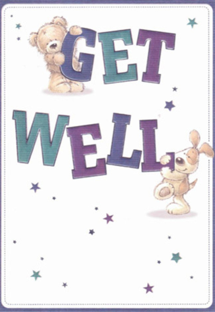 A charming get well card design features two endearing characters who seem to spring right off the page: a plump teddy bear and a cheerful puppy, both fully devoted to presenting the large GET WELL greeting. The bear, rendered in warm biscuit and soft toffee shades, clambers over the word GET, hugging the tall, chunky letters as if they were his favourite toy. Those letters are painted in rich purples-from deep indigo shadows to lighter violet highlights-creating a sturdy, reassuring presence at the top of the card. Beneath them, the word WELL stretches across in cool tones of teal and aqua, with gentle gradients that make the letters appear rounded and almost cushiony. The puppy nestles against these teal letters, front paws resting lightly as his floppy ears drape down, suggesting a silky, strokeable texture. His expression is bright and affectionate, the kind of loyal gaze that mirrors a pet waiting patiently by a loved one's bedside in a Dartford home near Princes Road. Across the smooth, creamy white background, star shapes and small, glimmering bursts in blue, turquoise, and lilac are scattered like confetti, giving the impression that the very air around the characters is filled with good wishes. The composition feels open and light, allowing space for the eye to rest, much like the calm that comes from a simple bedside jug of flowers rather than an overly crowded arrangement. There is no clutter-just a focused, heartfelt message wrapped in playful artwork. Subtle texture in the fur and shading on the letters hints at careful, hand-rendered artistry, the same kind of careful touch a local Dartford florist brings to each get well bouquet delivered to nearby neighbourhoods such as Wilmington and Joydens Wood, aiming to lift spirits with colour, comfort, and gentle humour.