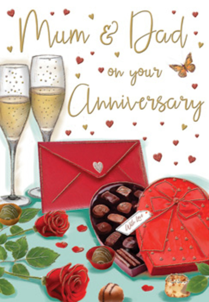 Elegant anniversary card artwork infused with rich, romantic tones, perfectly suited to a couple in Dartford marking another year of shared life. At the centre of the scene, two tall champagne glasses stand in close harmony, their slender stems aligned and their bowls filled with sparkling golden champagne. Tiny bubbles rise in continuous streams, catching the light like little fireflies, as if the glasses have just been lifted for a jubilant toast in a snug home off East Hill. Resting nearby, two opulent red roses lie across the table, their velvety petals opening outward in lush, layered spirals, framed by smooth, dark green leaves reminiscent of a carefully selected bouquet delivered from a local florist near Dartford town centre. To the side, a heart-shaped chocolate box finished in sumptuous crimson, adorned with a full red satin bow, is displayed open. Inside sits an array of chocolates, each one glossy and inviting, while a few stray pieces rest on the surface around the box, hinting at an evening of relaxed indulgence. The background is animated by floating hearts in shades of gold and crimson, softly framing handwritten anniversary sentiments ideal for parents or a long-married couple who may have shared many walks through Central Park together. A bright scarlet envelope, sealed and set at an angle, suggests a handwritten love note or family message waiting to be read. The entire composition glows with gentle, ambient light, reflecting off the glassware and satin ribbon, and lending the scene an intimate, homely warmth. As a florist experienced in creating romantic rose arrangements for same-day delivery throughout DA1 and DA2, I can almost sense the rich fragrance of the roses mingling with the sweet scent of chocolate, embodying cherished memories and the enduring affection that deepens with every anniversary.