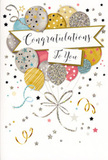 The congratulations card shown here looks like a pocket-sized celebration, quietly radiant and full of joy. At its centre, a cluster of rounded balloons gathers as though drifting upward from an unseen party somewhere off West Hill in Dartford. The balloons are shaded in gentle, luminous tones: soft gold, polished silver, champagne beige, sky blue, blush pink and cool grey. Some are adorned with tiny stars sprinkled across their surfaces, others with narrow stripes or fine glittering dots, giving the whole bouquet a subtle, twinkling effect. Their slender strings are drawn in metallic gold and silver, flowing downward in graceful arcs that intertwine like curling gift ribbons tied with care. Encircling this central balloon bouquet, the pale background is dotted with little metallic stars, swirling ribbons and confetti-like shapes, creating a sense of lively but controlled movement, as though the celebration has just begun. Across the middle of the card, a soft-edged banner stretches from side to side, hovering lightly above the balloons. On the banner, a warm congratulations message is inscribed in flowing script, the letters looping elegantly to express admiration and delight without needing bold colours or loud graphics. Imagined under the fingertips, the design suggests layers of texture: gentle ridges of glitter, pools of smooth glossy ink and sturdy card that feels reassuringly substantial. The overall impression is one of pride, tenderness and joy, the same feeling that accompanies a thoughtfully chosen bouquet delivered by Florist Dartford to mark milestones like exam success, promotions or new beginnings in the local community, from Central Park to the surrounding residential streets.