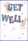 A whimsical get well card illustration shows two comforting companions-a soft teddy bear and a floppy-eared puppy-working together to hold up the bold message GET WELL. The bear, with warm golden-brown fur that looks plush and huggable, clings to the top of the deep purple word GET, his round paws and friendly expression radiating reassurance. Below, the lively pup balances against the rich teal letters of WELL, his velvety ears tumbling down and his bright eyes lifted as if checking that the message has truly lifted the viewer's spirits. The lettering is large, rounded, and almost three-dimensional, shaded in gradients of indigo, violet, and aqua that make each word feel substantial and full of strength. All around them, crisp star shapes and twinkling bursts in shades of blue, lilac, and soft turquoise float across a clean, creamy white background, like scattered wishes drifting through the air. The overall mood is light and optimistic, with plenty of breathing space so the design feels as airy as a fresh morning in Dartford Central Park. You can almost imagine this card resting beside a bright hospital-bed bouquet or a small jug of garden-style flowers on a bedside table in a Heath Lane home-its playful art quietly echoing the same message of care and recovery. The textures suggest a hand-painted finish, as though an illustrator carefully layered each brushstroke the way a florist would place every stem, making the scene feel personal and handmade, perfect for cheering up someone recovering at home or in a Dartford clinic.