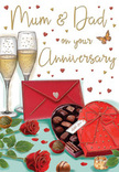 Heartfelt anniversary card illustration where romantic symbolism comes together in a cosy scene that could easily belong in a Dartford home. Two tall champagne flutes take centre stage, drawn in crystal clarity and brimming with golden, effervescent champagne, their streams of tiny bubbles rising as though captured at the exact moment before a loving toast near Central Park. Just in front, a pair of deep red roses lies gently across the tabletop, their plush, velvety petals layered in soft spirals, made even richer by the contrast with glossy green foliage, like the freshest roses arranged by Florist Dartford for a special occasion. To one side sits a heart-shaped chocolate box, opulent in its crimson casing and finished with a generous red bow. The lid is open to reveal neatly arranged chocolates, each one slightly gleaming, while a few pieces rest loosely on the table as if already sampled in shared delight. The background is warmed by drifting hearts in shades of gold and red, gently surrounding hand-lettered anniversary wishes that feel made for Mum and Dad or any couple whose love has grown over the years in DA1. A bright scarlet envelope, sealed and inviting, lies nearby, quietly suggesting a heartfelt message penned at a dining table off Princes Road before being tucked into the card. Soft, glowing light illuminates every surface, glinting off glass rims and satin ribbon, and wrapping the composition in a sense of grateful reflection and gentle joy. As a florist accustomed to crafting romantic rose bouquets across Dartford, I can almost imagine the scent of those roses mingling with the sweet aroma of chocolate, capturing the mood of an evening spent reminiscing, laughing, and celebrating another treasured anniversary.